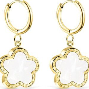 White Gold Leaf Clover Hoop Earrings - 18K Gold Plated Stainless Steel for Women